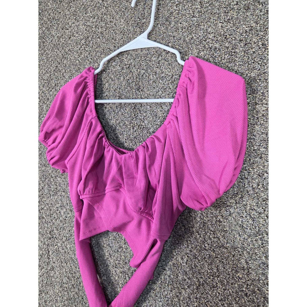 New Mode Puff Sleeve Crop Top Womens Large Pink Ribbed Wrap Tie Waist - Picture 3 of 9